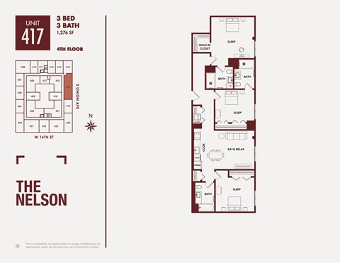 A floor plan for a 3 bedroom, 3 bathroom apartment at The Nelson.